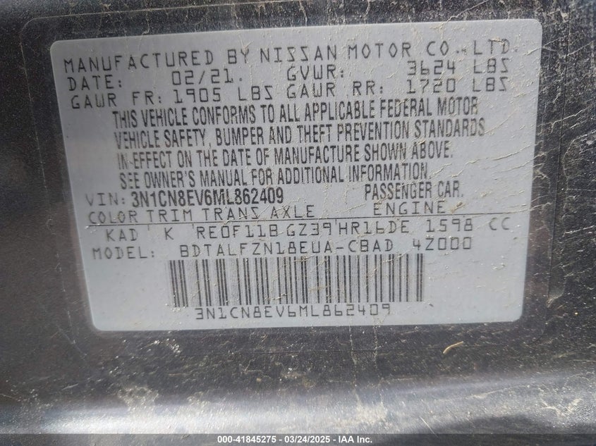 2021 NISSAN VERSA VIN: 3N1CN8EV6ML862409
