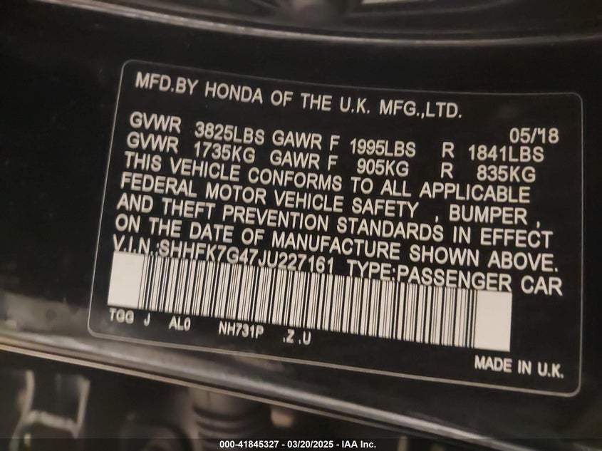2018 HONDA CIVIC VIN: SHHFK7G47JU227161