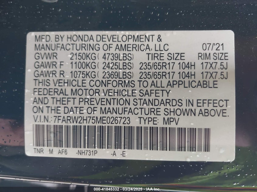 2021 HONDA CR-V VIN: 7FARW2H75ME026723