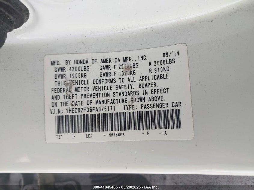 2015 HONDA ACCORD VIN: 1HGCR2F36FA026171