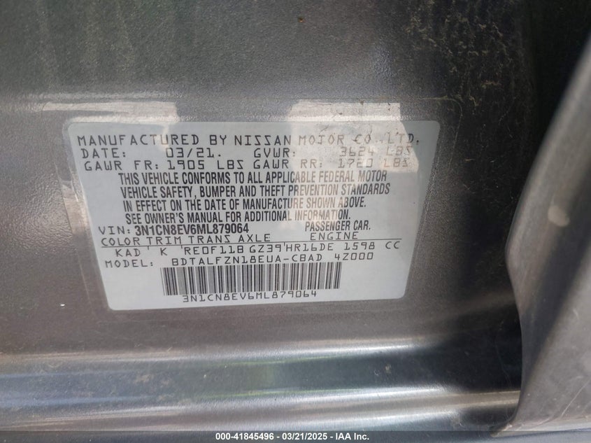 2021 NISSAN VERSA VIN: 3N1CN8EV6ML879064
