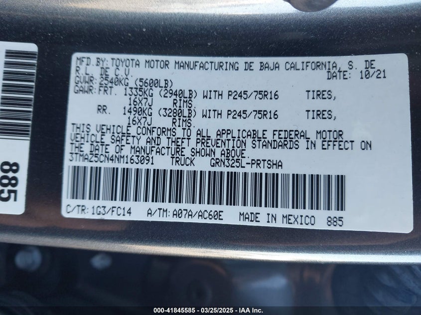 2022 TOYOTA TACOMA VIN: 3TMAZ5CN4NM163091