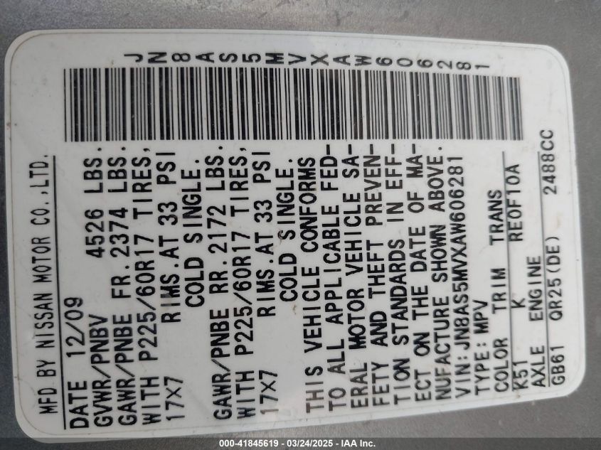 2010 Nissan Rogue Sl VIN: JN8AS5MVXAW606281 Lot: 41845619