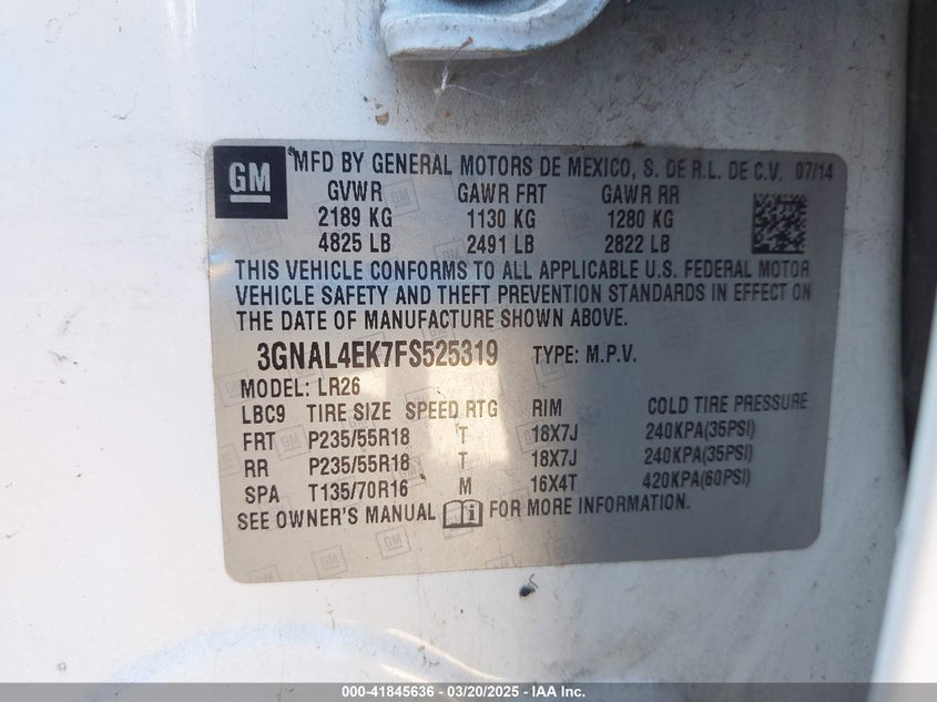 2015 CHEVROLET CAPTIVA SPORT LTZ - 3GNAL4EK7FS525319