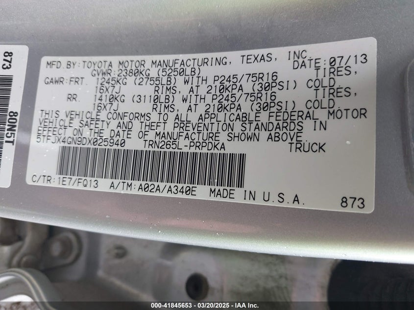 2013 TOYOTA TACOMA VIN: 5TFJX4GN9DX025940