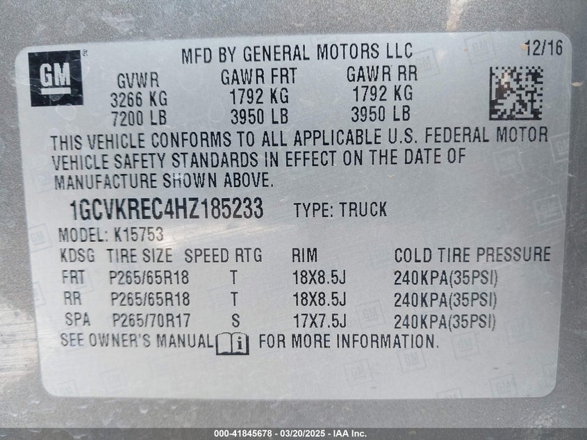 2017 CHEVROLET SILVERADO 1500 VIN: 1GCVKREC4HZ185233