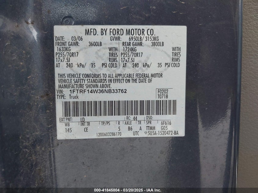 2006 FORD F-150 VIN: 1FTRF14W36NB33762