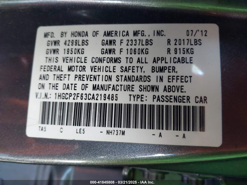 2012 HONDA ACCORD VIN: 1HGCP2F63CA219485