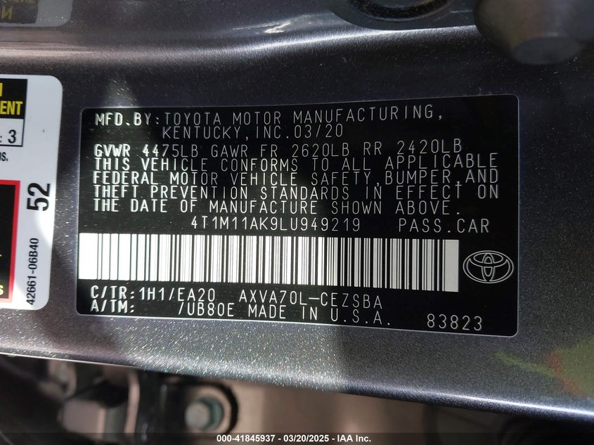 2020 TOYOTA CAMRY VIN: 4T1M11AK9LU949219