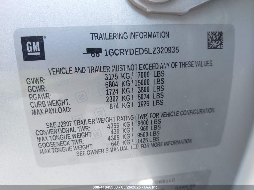 2020 Chevrolet Silverado 1500 4Wd Standard Bed Lt VIN: 1GCRYDED5LZ320935 Lot: 41845938