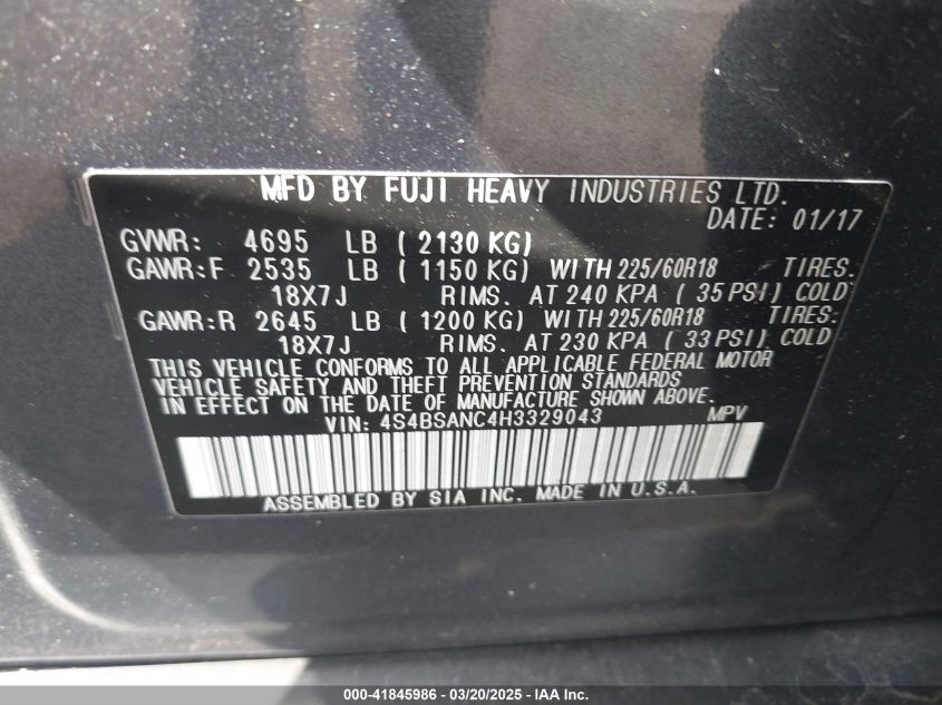 2017 Subaru Outback 2.5I Limited VIN: 4S4BSANC4H3329043 Lot: 41845986