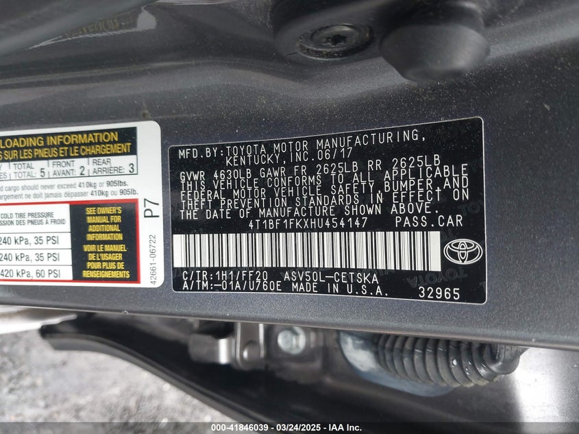2017 TOYOTA CAMRY VIN: 4T1BF1FKXHU454147