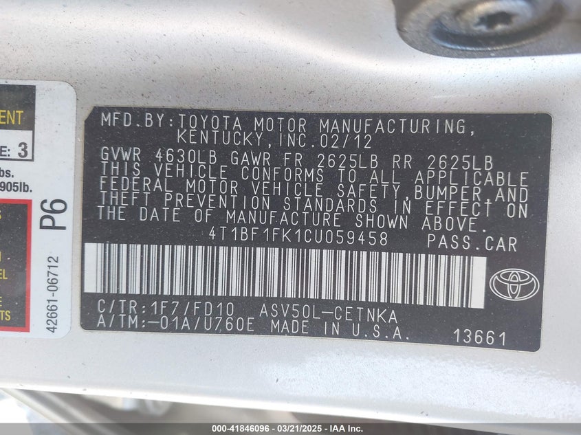 2012 TOYOTA CAMRY VIN: 4T1BF1FK1CU059458