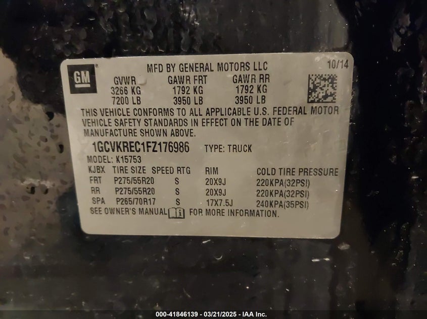 2015 CHEVROLET SILVERADO 1500 VIN: 1GCVKREC1FZ176986
