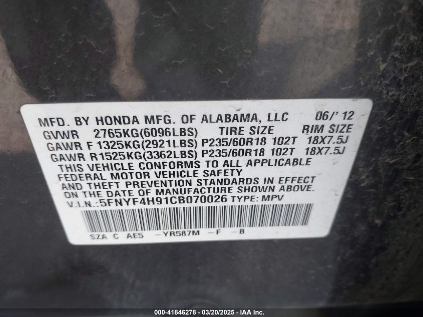 2012 Honda Pilot Touring VIN: 5FNYF4H91CB070026 Lot: 41846278