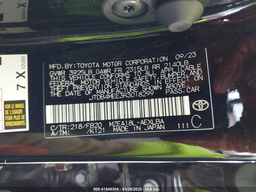 2024 TOYOTA COROLLA VIN: JTDB4MEE3R3018299