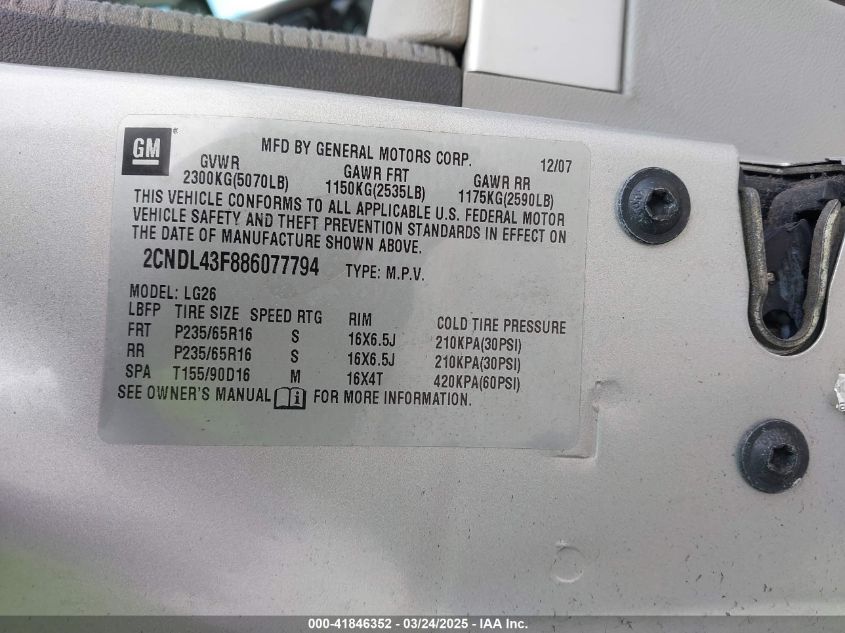 2008 Chevrolet Equinox Lt VIN: 2CNDL43F886077794 Lot: 41846352