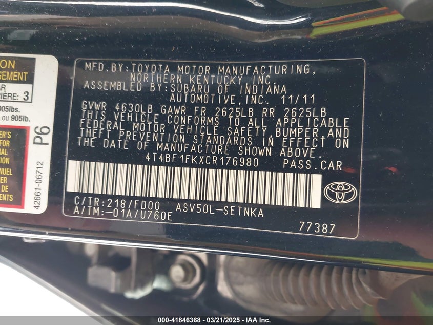 2012 TOYOTA CAMRY VIN: 4T4BF1FKXCR176980