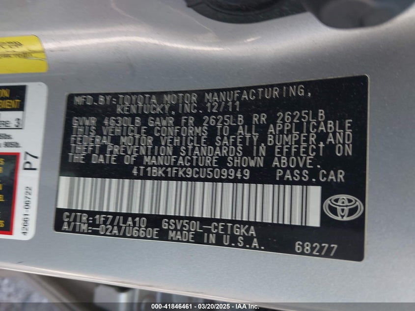 2012 TOYOTA CAMRY VIN: 4T1BK1FK9CU509949