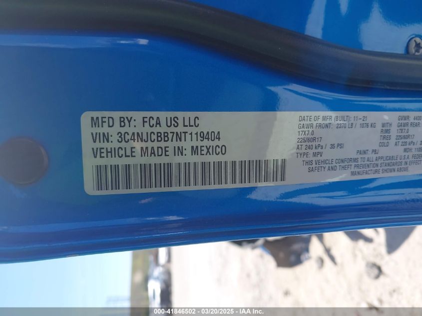 2022 Jeep Compass Latitude Fwd VIN: 3C4NJCBB7NT119404 Lot: 41846502