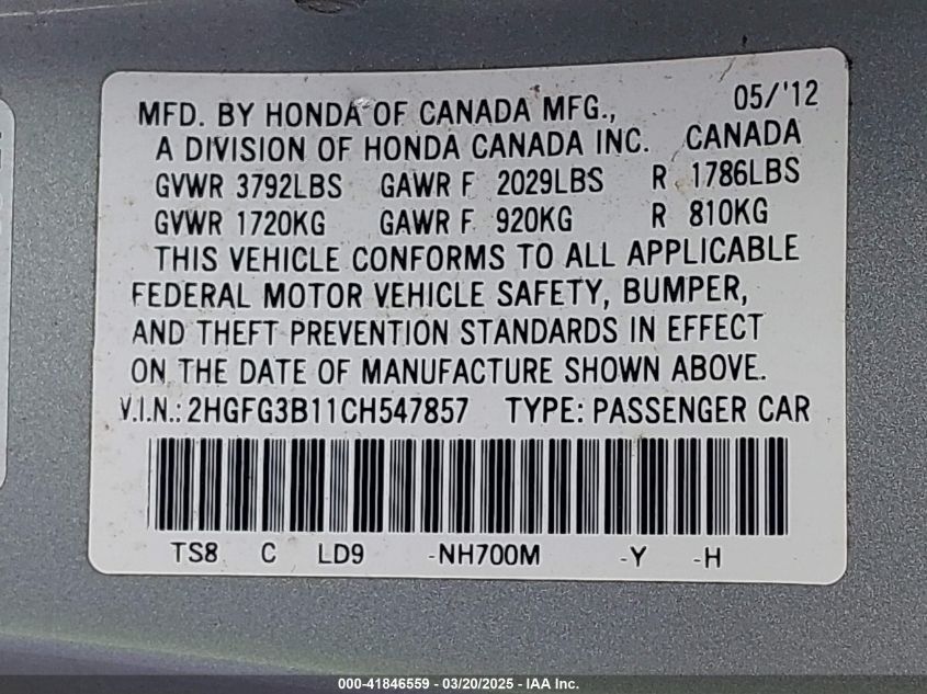 2012 Honda Civic Ex-L VIN: 2HGFG3B11CH547857 Lot: 41846559