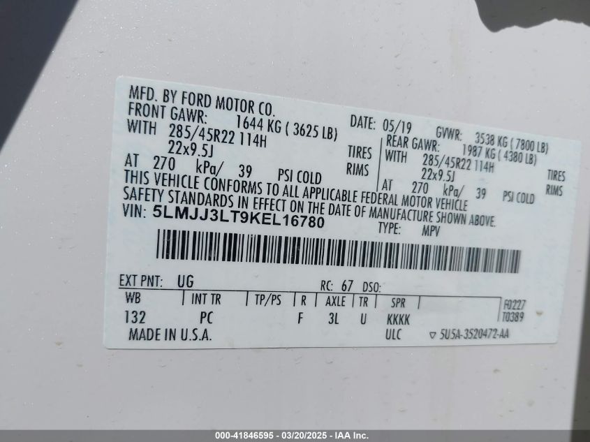 2019 Lincoln Navigator L Reserve VIN: 5LMJJ3LT9KEL16780 Lot: 41846595