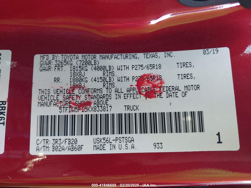 2019 TOYOTA TUNDRA SR5 5.7L V8 - 5TFDW5F15KX833817