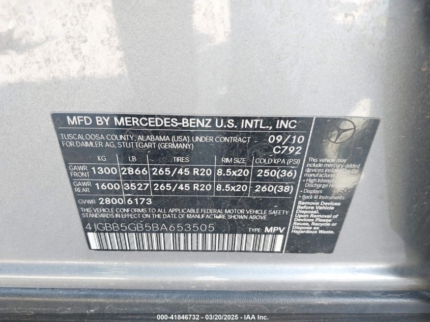 2011 Mercedes-Benz Ml 350 VIN: 4JGBB5GB5BA653505 Lot: 41846732