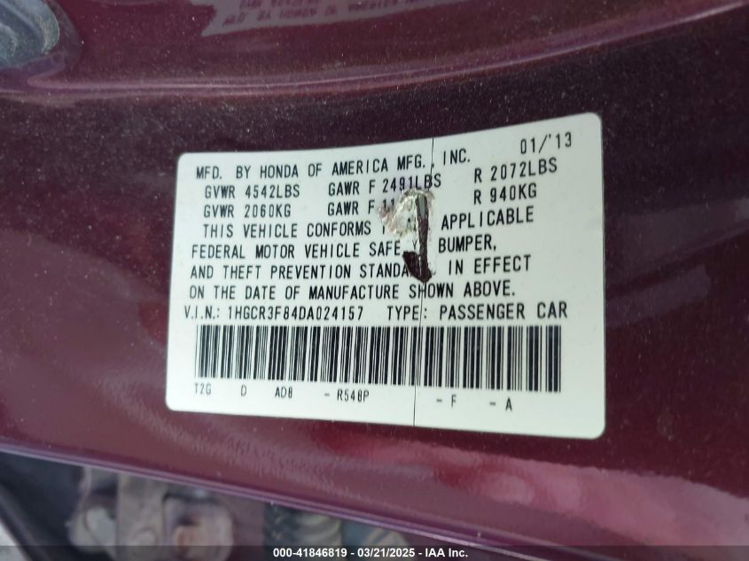 2013 Honda Accord Ex-L V-6 VIN: 1HGCR3F84DA024157 Lot: 41846819