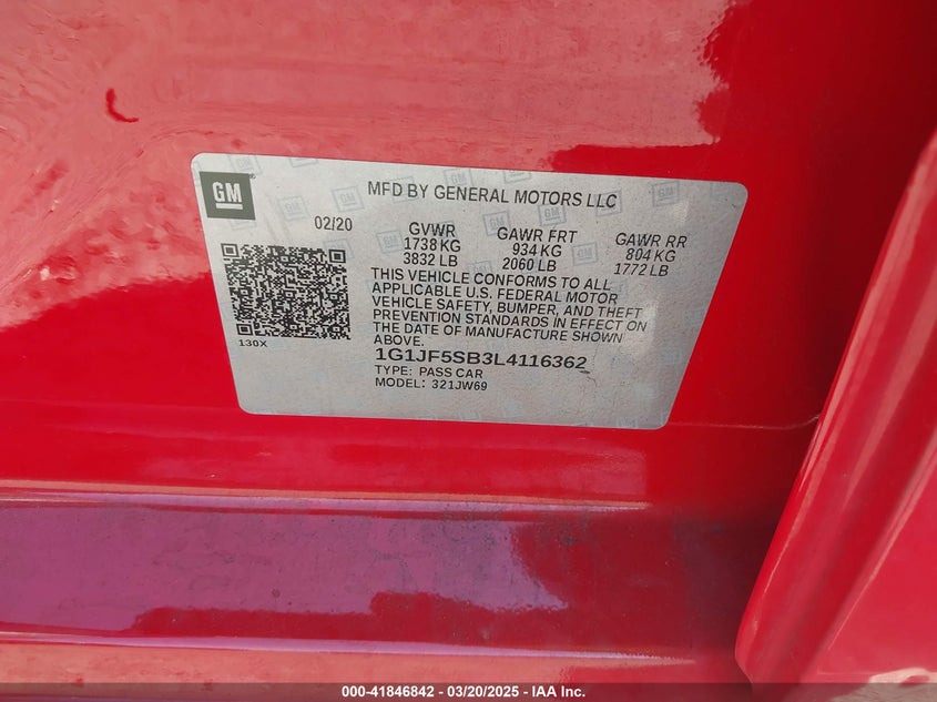 2020 CHEVROLET SONIC VIN: 1G1JF5SB3L4116362