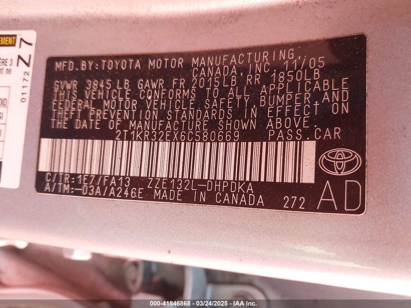 2006 TOYOTA MATRIX VIN: 2T1KR32EX6C580669