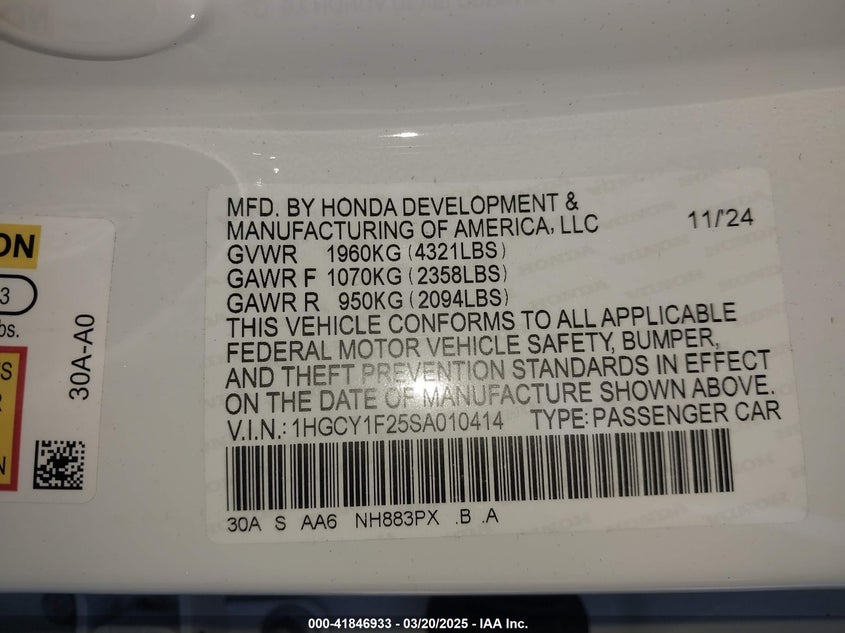 2025 HONDA ACCORD VIN: 1HGCY1F25SA010414
