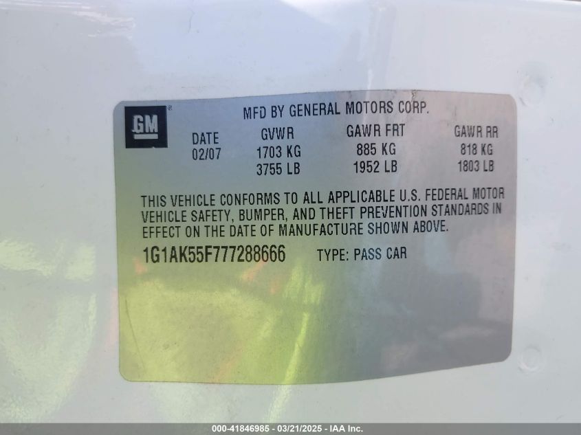 2007 Chevrolet Cobalt Ls VIN: 1G1AK55F777288666 Lot: 41846985