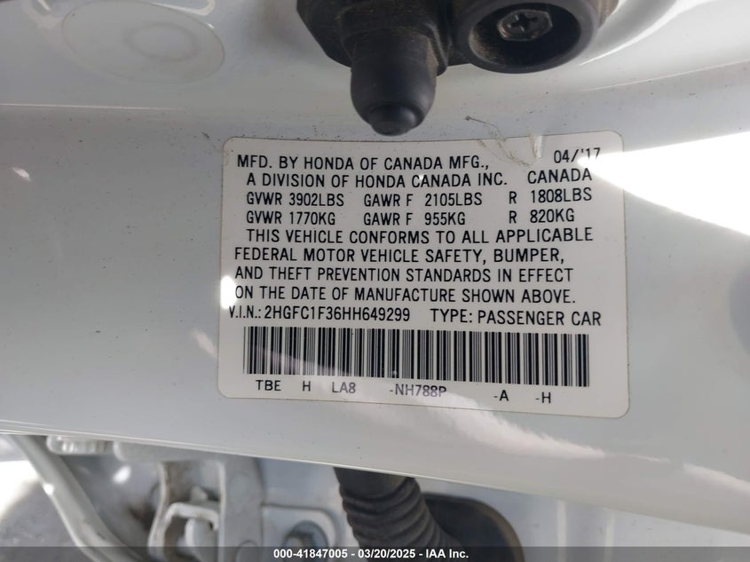 2017 HONDA CIVIC VIN: 2HGFC1F36HH649299