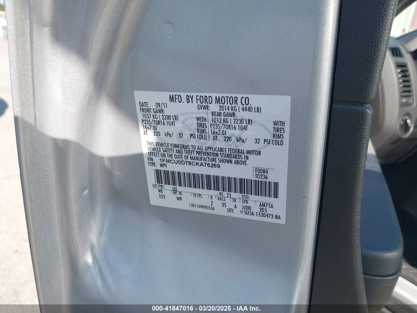 2012 FORD ESCAPE VIN: 1FMCU0D78CKA76269