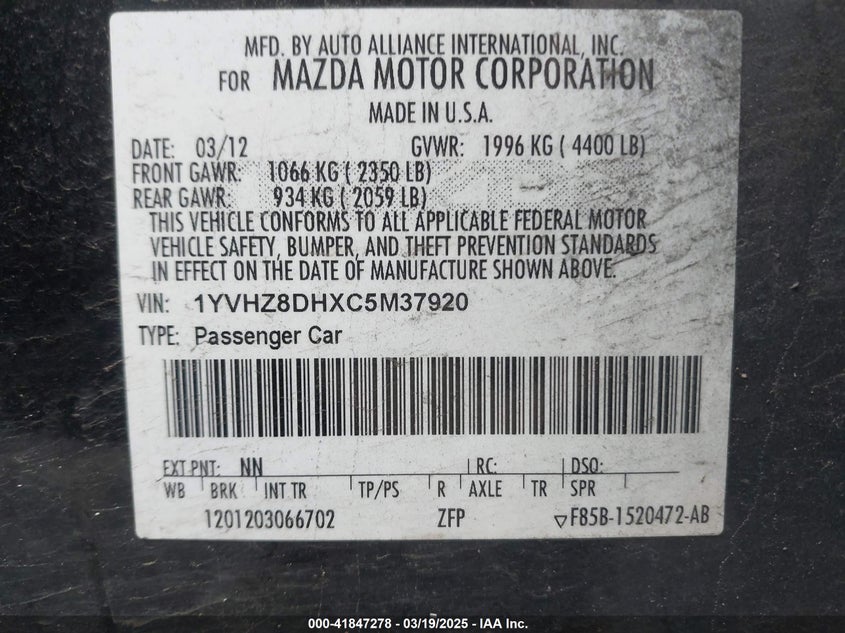 2012 MAZDA MAZDA6 VIN: 1YVHZ8DHXC5M37920