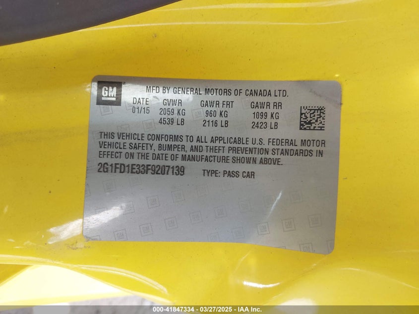 2015 CHEVROLET CAMARO VIN: 2G1FD1E33F9207139