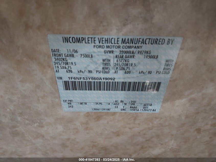 2006 Ford F550 Super Duty Stripped Chass VIN: 1F6NF53Y560A19092 Lot: 41847393