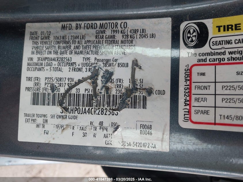 2012 FORD FUSION VIN: 3FAHP0JA4CR282563