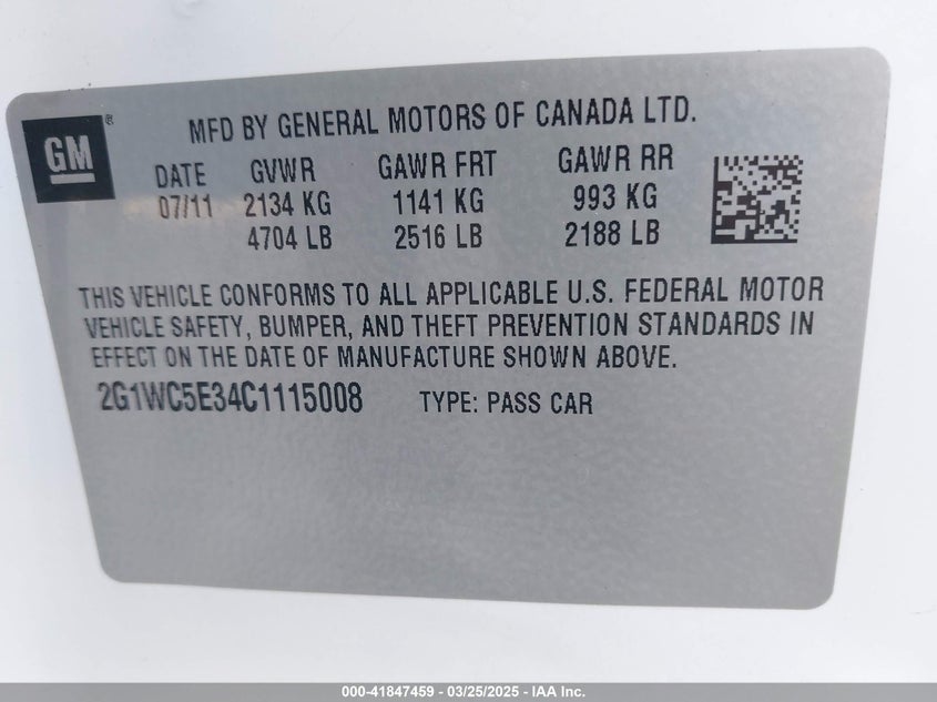 2012 CHEVROLET IMPALA VIN: 2G1WC5E34C1115008