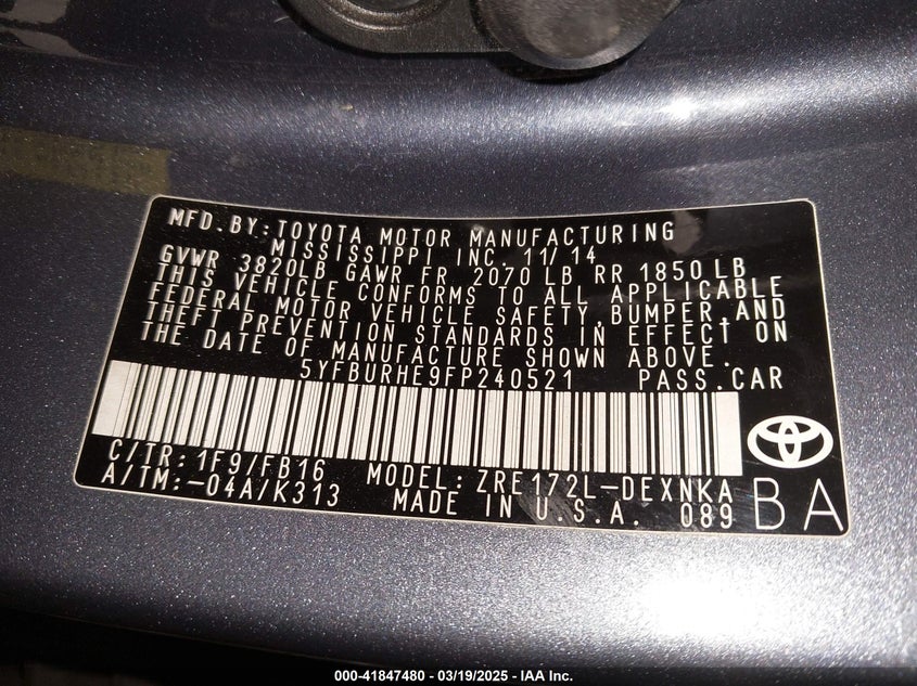 2015 TOYOTA COROLLA VIN: 5YFBURHE9FP240521