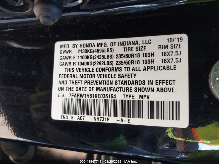 2019 HONDA CR-V VIN: 7FARW1H81KE036164
