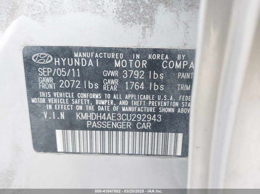 2012 HYUNDAI ELANTRA VIN: KMHDH4AE3CU292943
