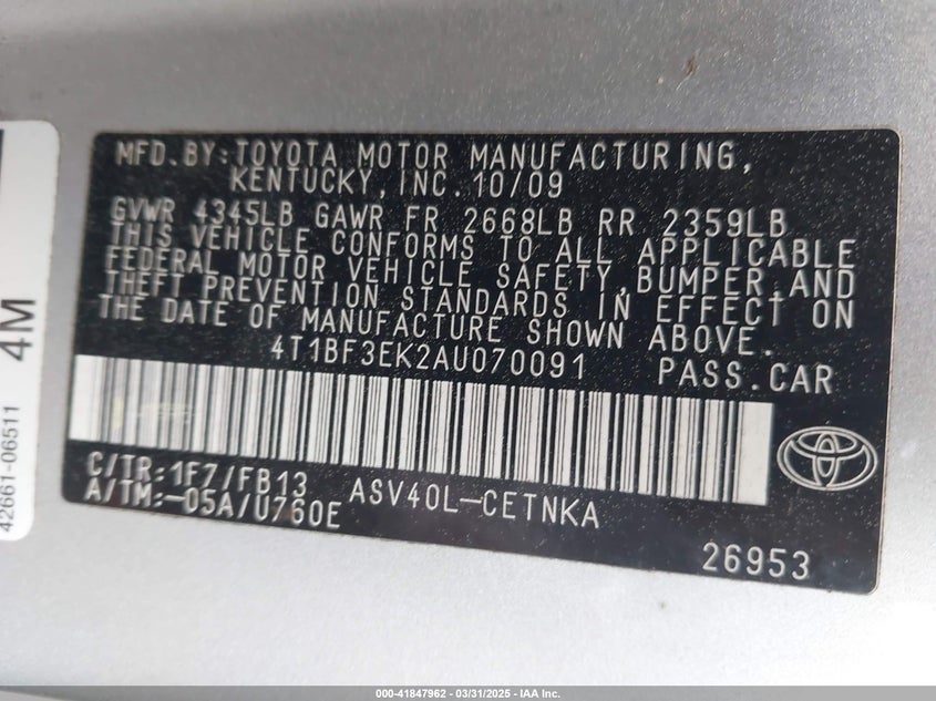 2010 TOYOTA CAMRY VIN: 4T1BF3EK2AU070091