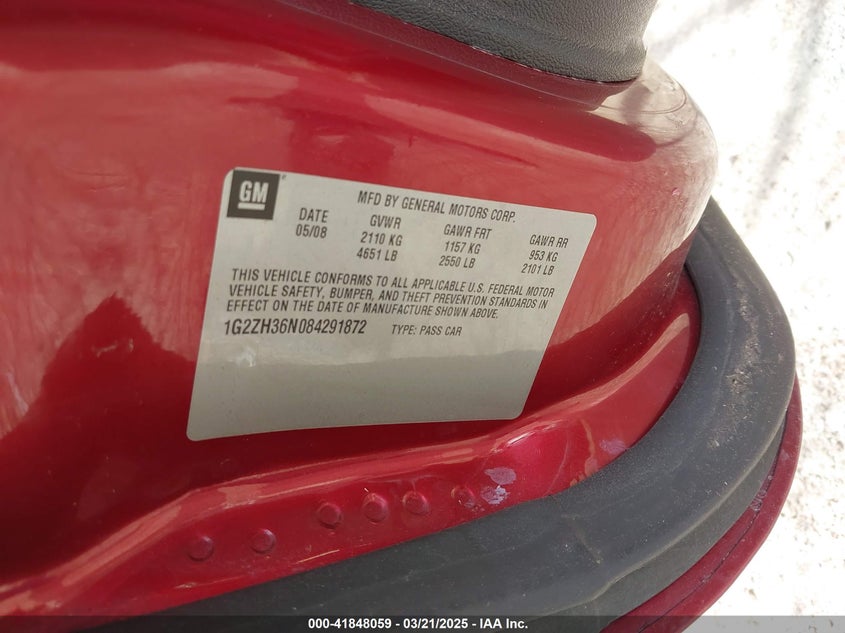 2008 PONTIAC G6 VIN: 1G2ZH36N084291872