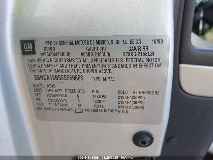 2009 Chevrolet Hhr Ls VIN: 3GNCA13B59S569663 Lot: 41848088