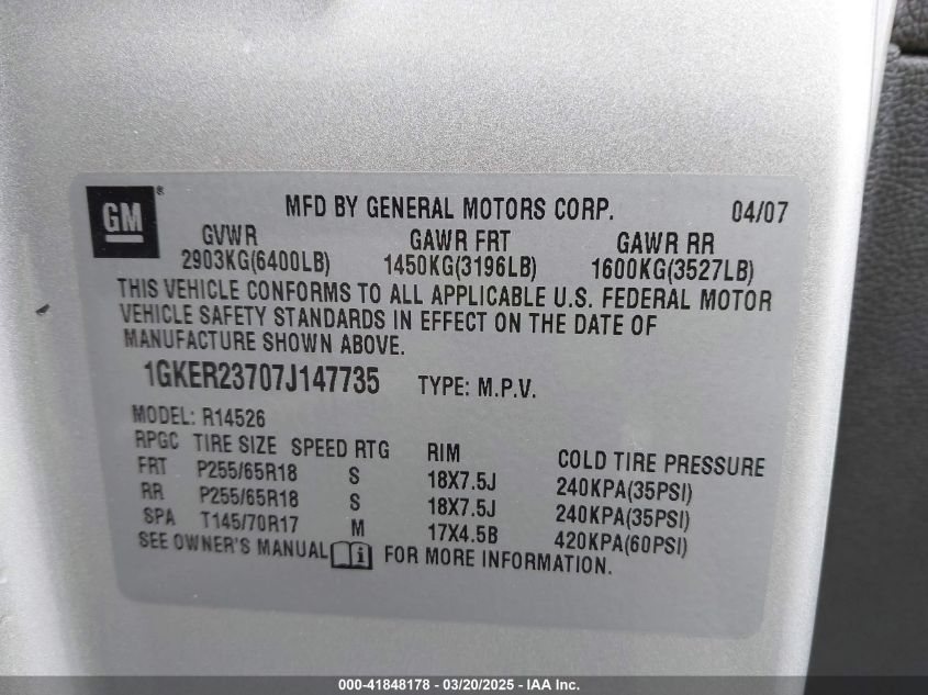 2007 GMC Acadia Slt-1 VIN: 1GKER23707J147735 Lot: 41848178