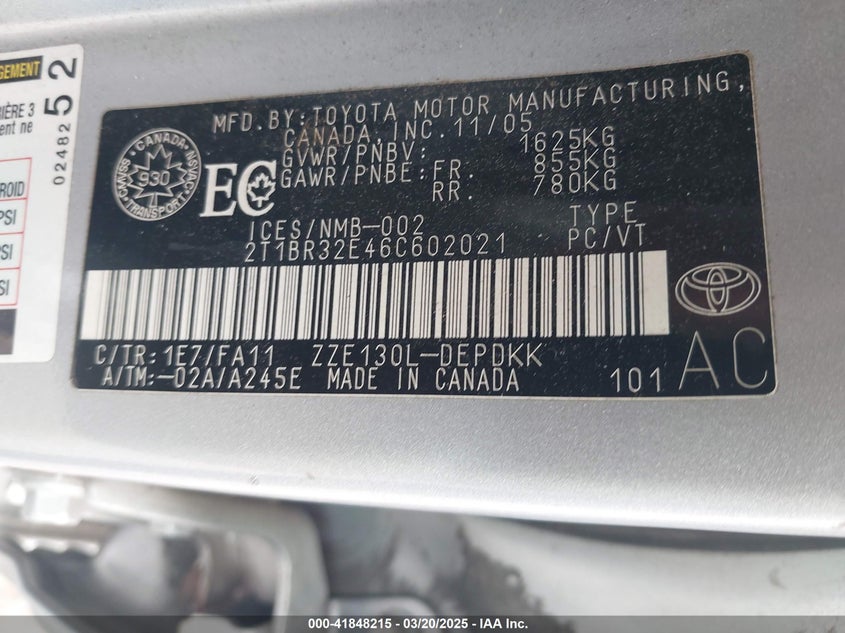 2006 TOYOTA COROLLA VIN: 2T1BR32E46C602021
