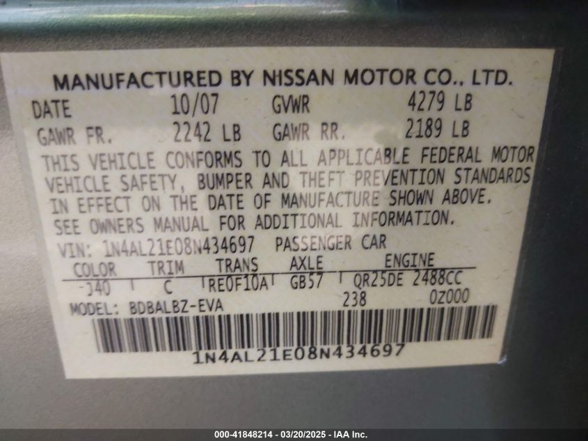 2008 Nissan Altima 2.5 S VIN: 1N4AL21E08N434697 Lot: 41848214