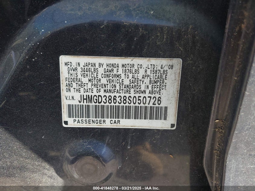 2008 HONDA FIT VIN: JHMGD38638S050726